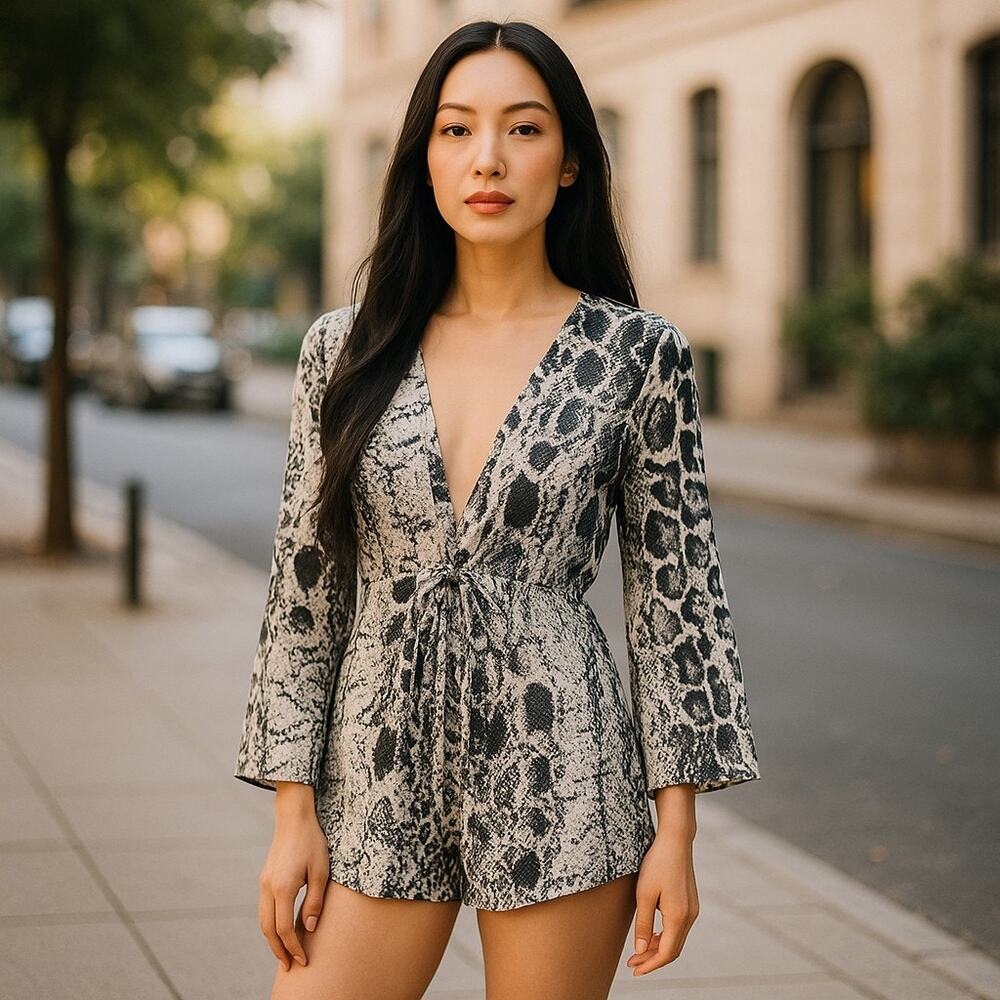 Nasty Gal Snake Print Plunge Romper Women's US 2 Black Tan Long Sleeve NWT - Picture 4 of 10
